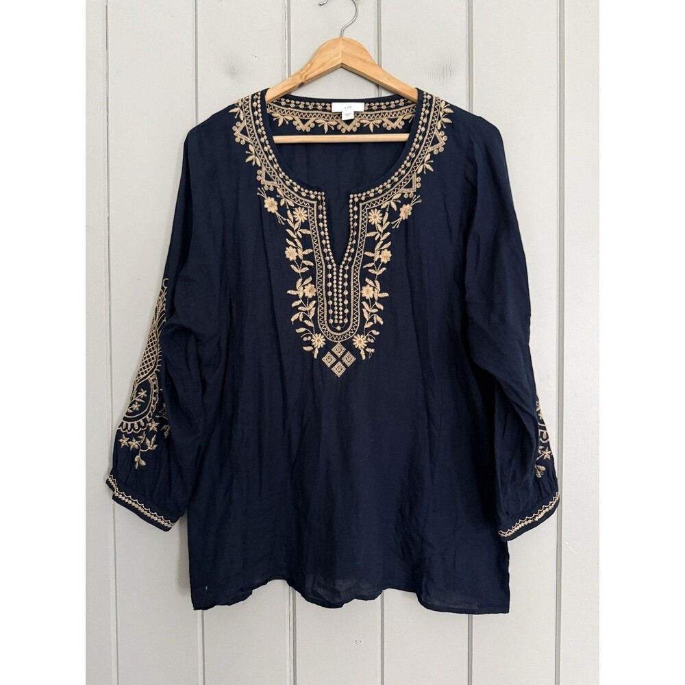 J. Jill Top L Large Tunic Embroidered Blouse Navy Blue 100% Cotton Boho Beach